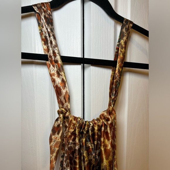 Boho Leopard Print Halter Maxi Dress Satin Animal Floral Paisley in Size S/M - Picture 2 of 8